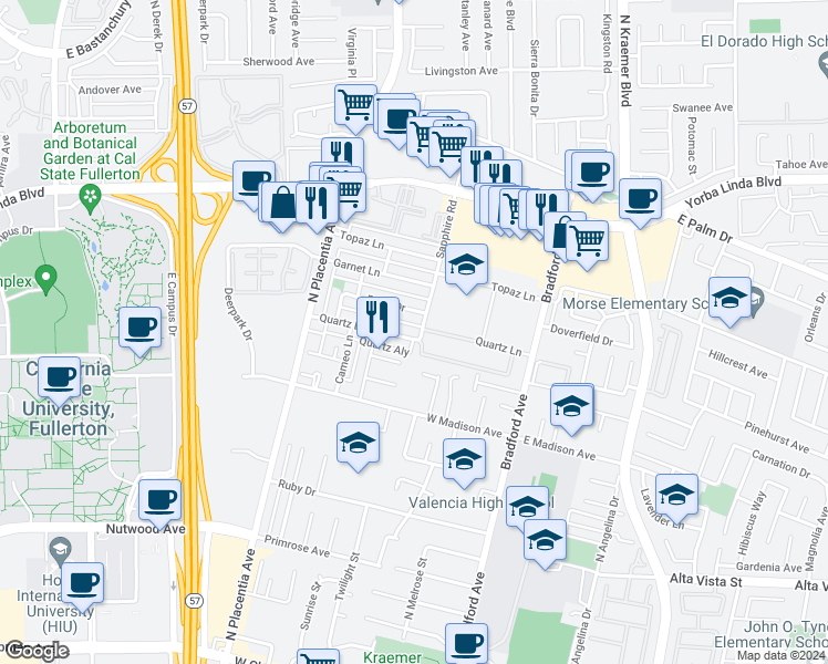 map of restaurants, bars, coffee shops, grocery stores, and more near 3166 Pearl Drive in Fullerton