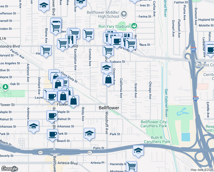 map of restaurants, bars, coffee shops, grocery stores, and more near 16416 Woodruff Avenue in Bellflower