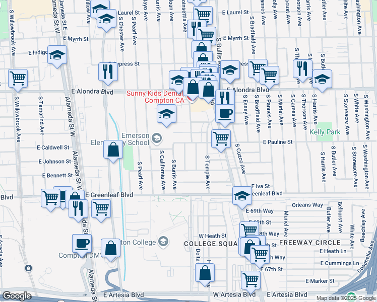 map of restaurants, bars, coffee shops, grocery stores, and more near 1211 East Caldwell Street in Compton
