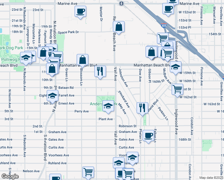 map of restaurants, bars, coffee shops, grocery stores, and more near 2221 Bataan Road in Redondo Beach