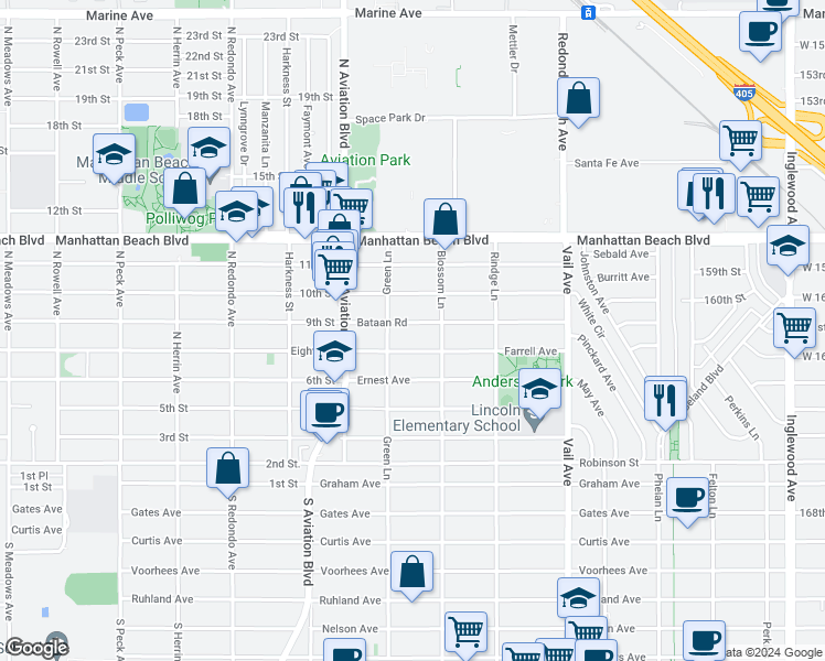 map of restaurants, bars, coffee shops, grocery stores, and more near 2019 Bataan Road in Redondo Beach