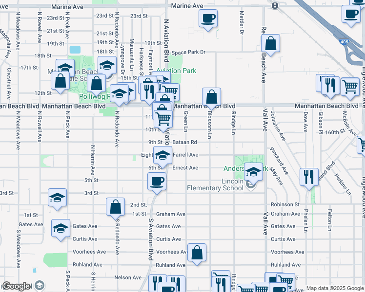 map of restaurants, bars, coffee shops, grocery stores, and more near 3302 Green Lane in Redondo Beach