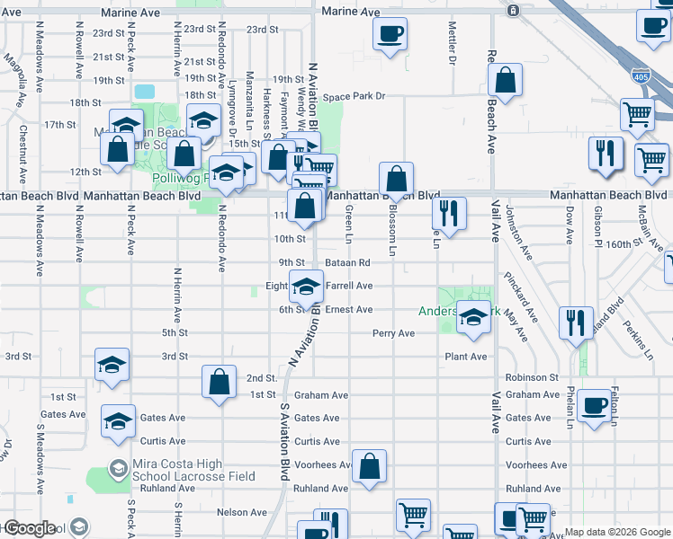 map of restaurants, bars, coffee shops, grocery stores, and more near 3302 Green Lane in Redondo Beach