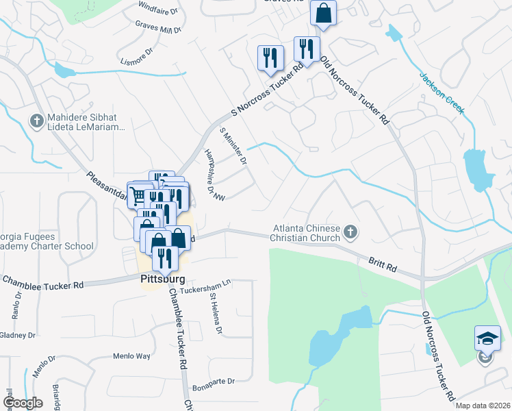 map of restaurants, bars, coffee shops, grocery stores, and more near 1104 South Minister Drive in Tucker