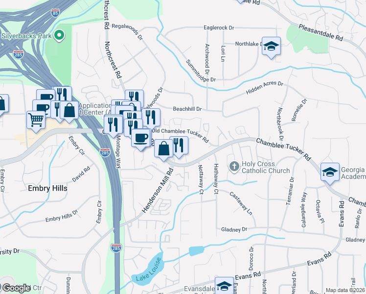 map of restaurants, bars, coffee shops, grocery stores, and more near 3543 Old Chamblee Tucker Road in Doraville