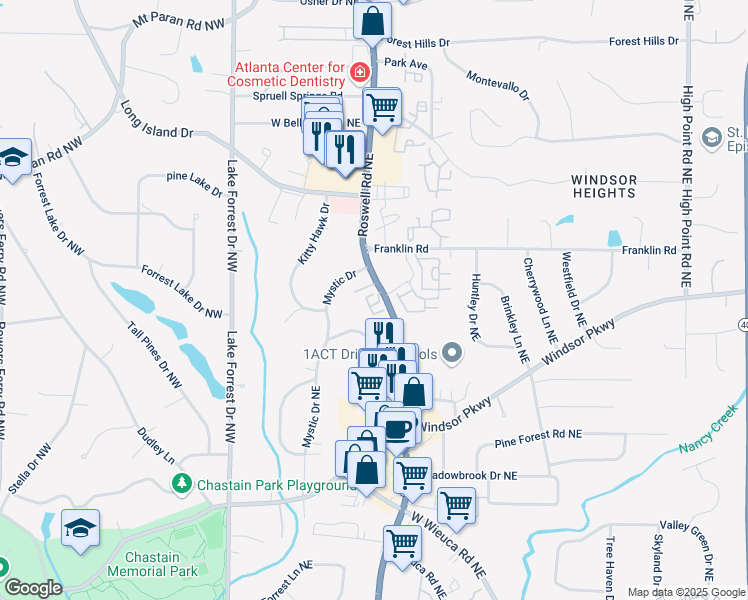 map of restaurants, bars, coffee shops, grocery stores, and more near 225 Mystic Ridge Hill in Sandy Springs