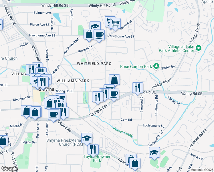map of restaurants, bars, coffee shops, grocery stores, and more near 2761 Mathews Street in Smyrna