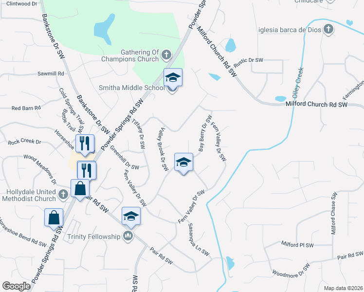map of restaurants, bars, coffee shops, grocery stores, and more near 1971 Devore Drive Southwest in Marietta