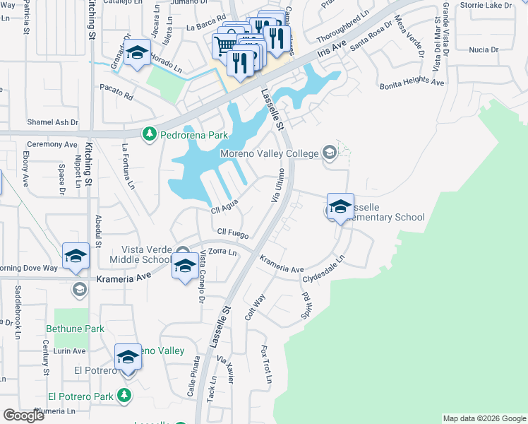 map of restaurants, bars, coffee shops, grocery stores, and more near 16265 Vía Ultimo in Moreno Valley