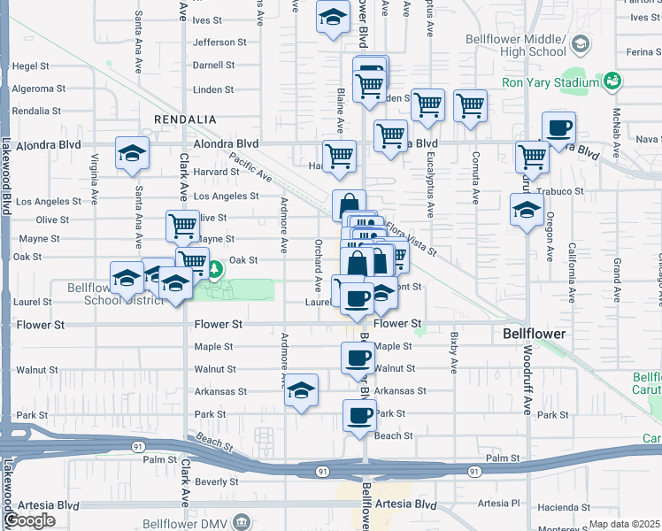 map of restaurants, bars, coffee shops, grocery stores, and more near 9716 Oak Street in Bellflower