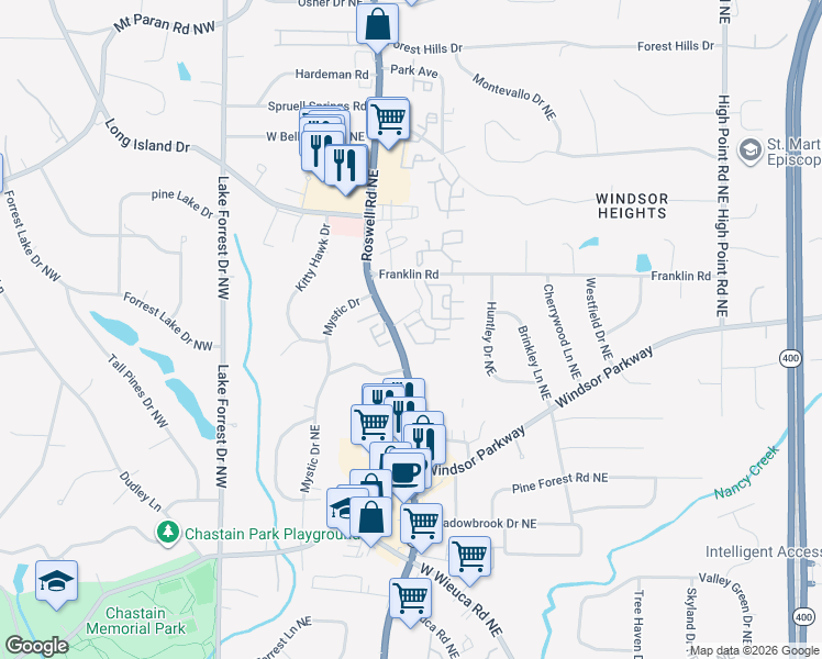 map of restaurants, bars, coffee shops, grocery stores, and more near 4204 Deming Circle in Sandy Springs
