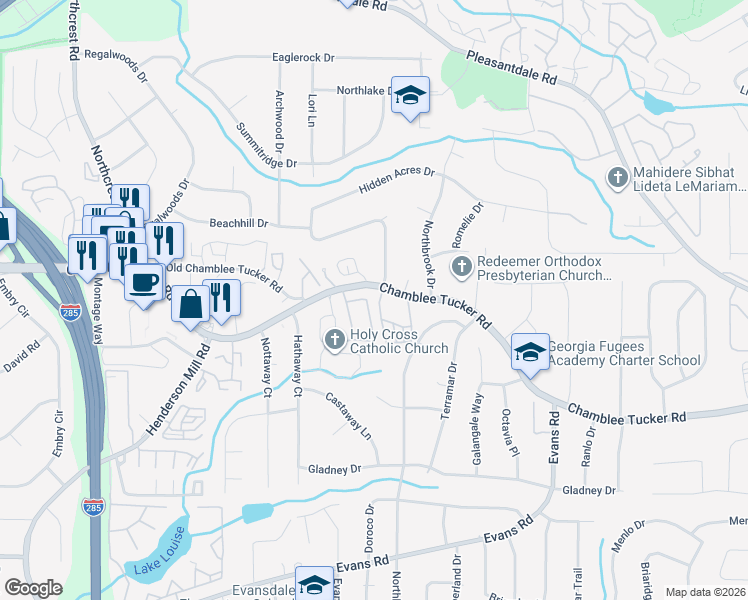 map of restaurants, bars, coffee shops, grocery stores, and more near 3122 Henderson Walk in Atlanta