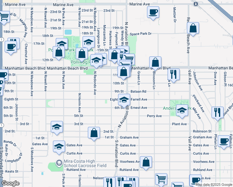 map of restaurants, bars, coffee shops, grocery stores, and more near 1820 9th Street in Manhattan Beach