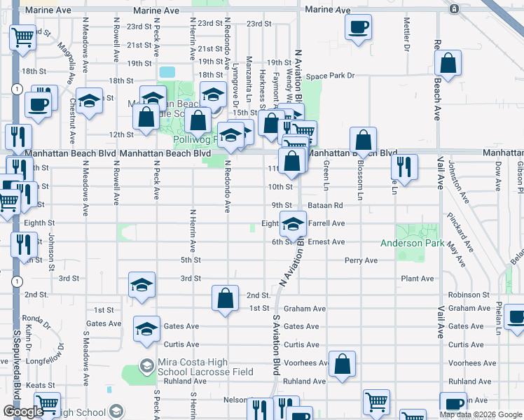 map of restaurants, bars, coffee shops, grocery stores, and more near 1760 9th Street in Manhattan Beach