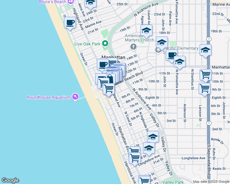 map of restaurants, bars, coffee shops, grocery stores, and more near 304 11th Street in Manhattan Beach