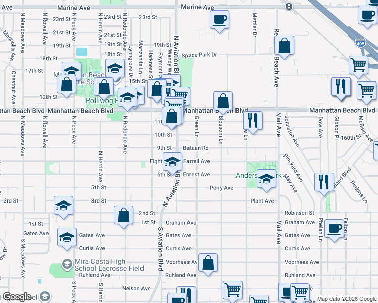 map of restaurants, bars, coffee shops, grocery stores, and more near 3302 Green Lane in Redondo Beach