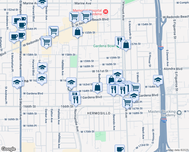 map of restaurants, bars, coffee shops, grocery stores, and more near 1204 West 161st Street in Gardena