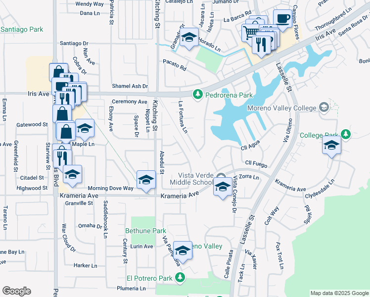 map of restaurants, bars, coffee shops, grocery stores, and more near 16210 La Fortuna Lane in Moreno Valley