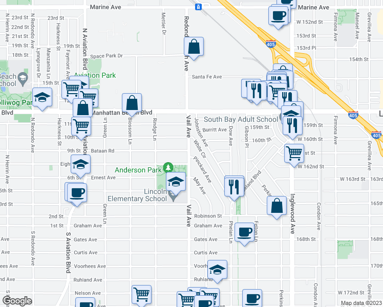 map of restaurants, bars, coffee shops, grocery stores, and more near 3306 Vail Avenue in Redondo Beach