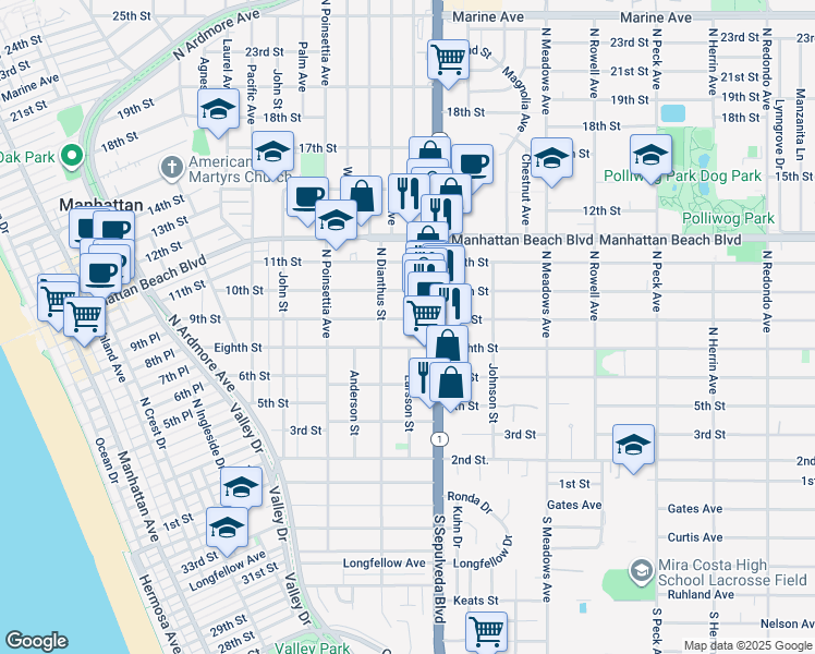 map of restaurants, bars, coffee shops, grocery stores, and more near 1028 9th Street in Manhattan Beach