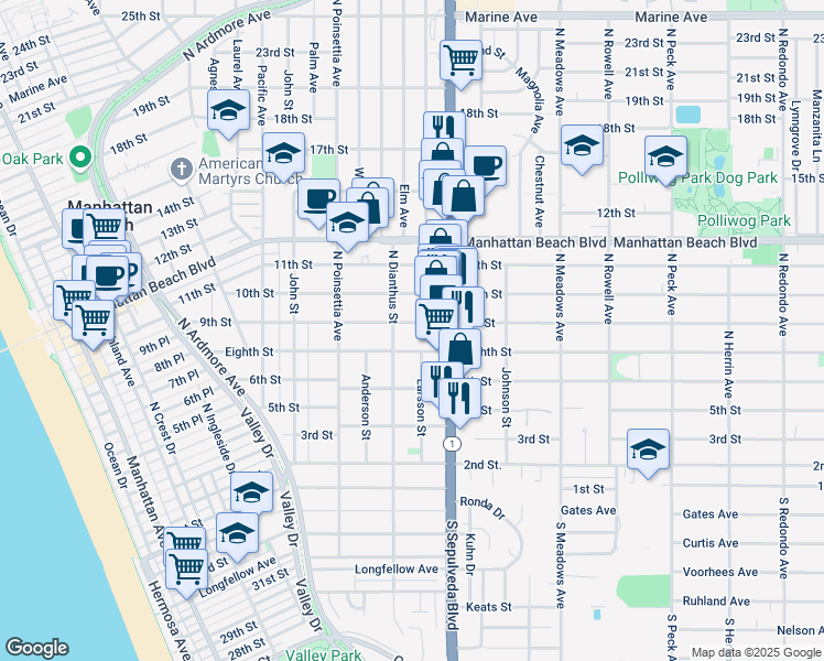 map of restaurants, bars, coffee shops, grocery stores, and more near 1018 9th Street in Manhattan Beach