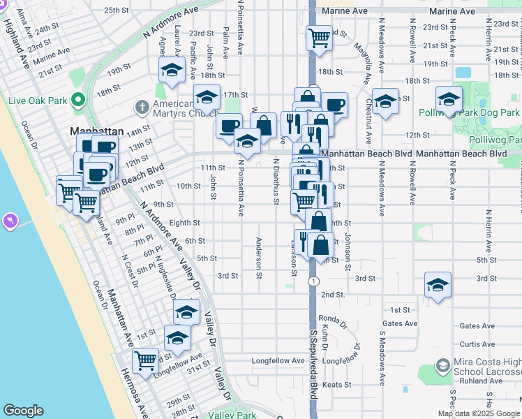 map of restaurants, bars, coffee shops, grocery stores, and more near 932 9th Street in Manhattan Beach