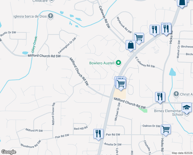 map of restaurants, bars, coffee shops, grocery stores, and more near 1276 Everwood Drive Southwest in Marietta