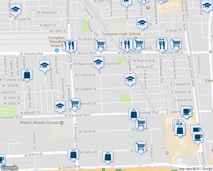 map of restaurants, bars, coffee shops, grocery stores, and more near 507 West Caldwell Street in Compton