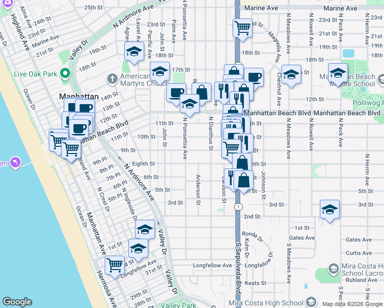map of restaurants, bars, coffee shops, grocery stores, and more near 912 9th Street in Manhattan Beach