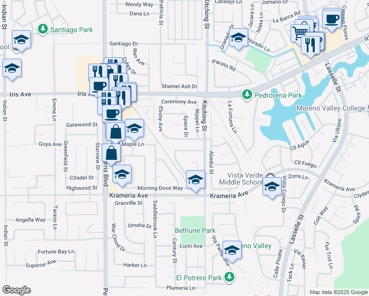 map of restaurants, bars, coffee shops, grocery stores, and more near 25356 Moorland Road in Moreno Valley