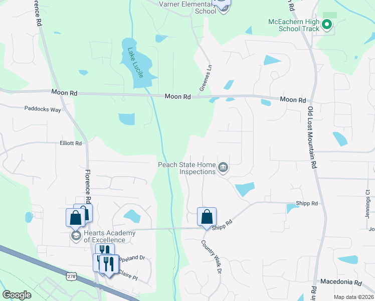 map of restaurants, bars, coffee shops, grocery stores, and more near 2981 Elberta Terrace in Powder Springs