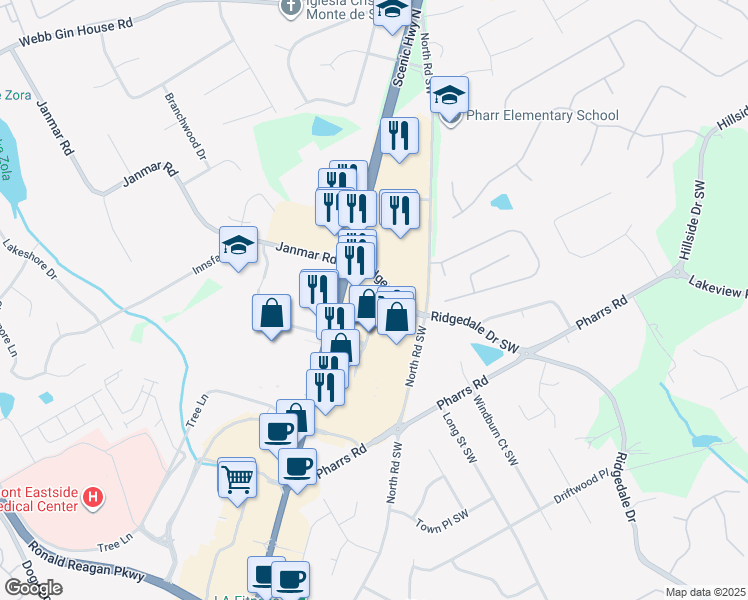 map of restaurants, bars, coffee shops, grocery stores, and more near 1630 Scenic Highway South in Snellville