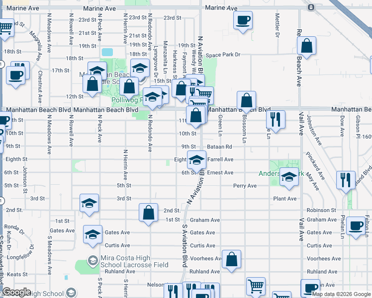 map of restaurants, bars, coffee shops, grocery stores, and more near 1826 9th Street in Manhattan Beach