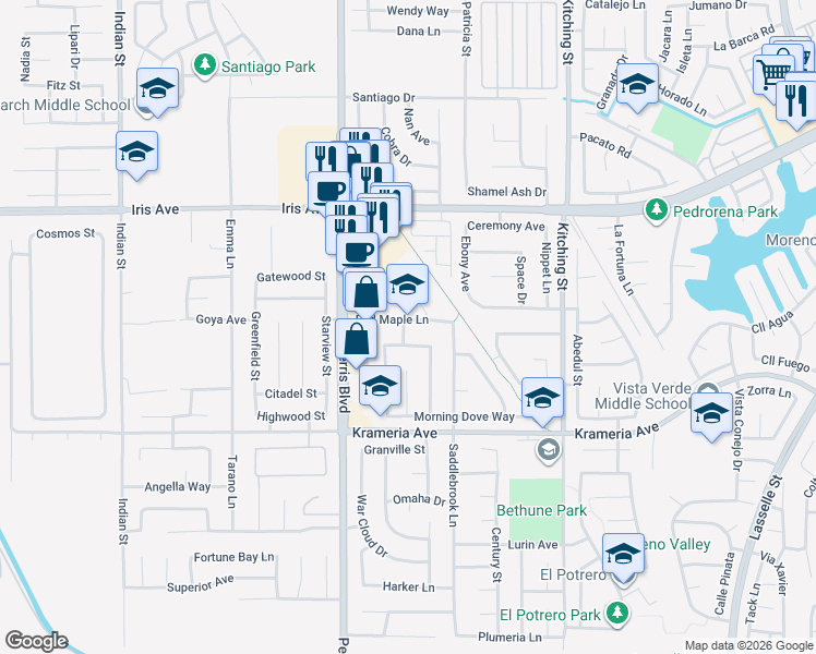 map of restaurants, bars, coffee shops, grocery stores, and more near 25101 Red Maple Lane in Moreno Valley