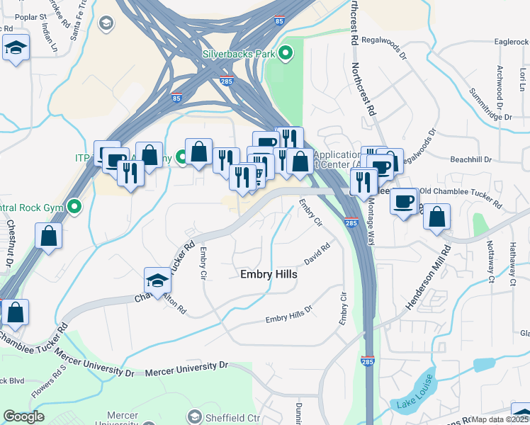 map of restaurants, bars, coffee shops, grocery stores, and more near 3343 Chamblee Tucker Road in Chamblee