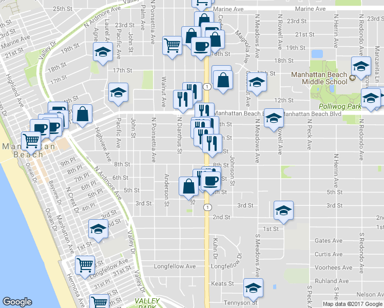 map of restaurants, bars, coffee shops, grocery stores, and more near 1028 9th Street in Manhattan Beach