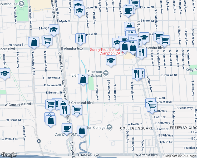map of restaurants, bars, coffee shops, grocery stores, and more near 1221 South Pearl Avenue in Compton