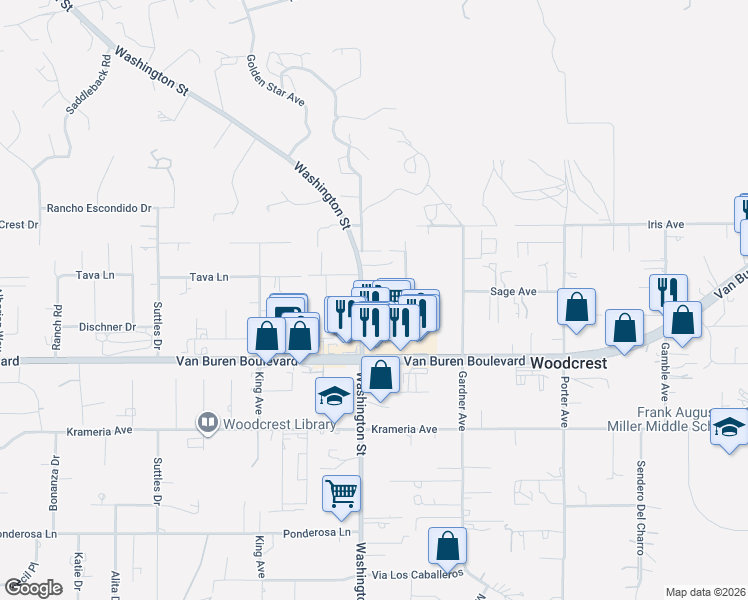 map of restaurants, bars, coffee shops, grocery stores, and more near 16140 Washington Street in Riverside