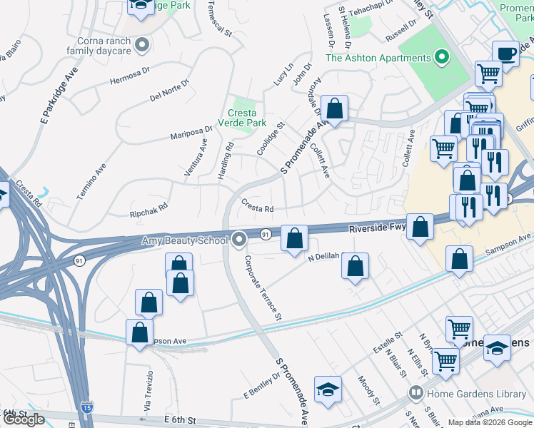 map of restaurants, bars, coffee shops, grocery stores, and more near 405 Arthur Circle in Corona