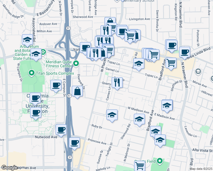 map of restaurants, bars, coffee shops, grocery stores, and more near 3101 Quartz Lane in Fullerton