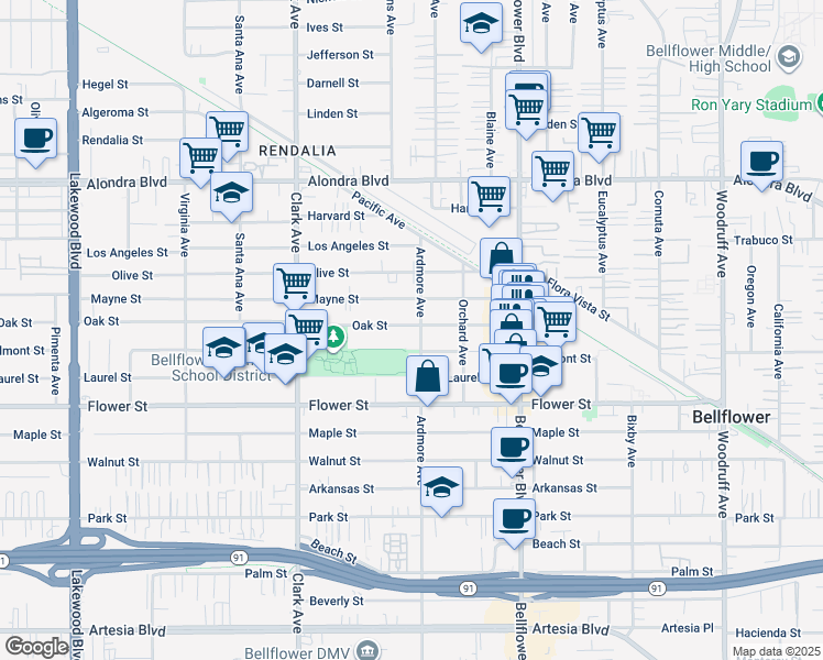map of restaurants, bars, coffee shops, grocery stores, and more near 9569 Oak Street in Bellflower