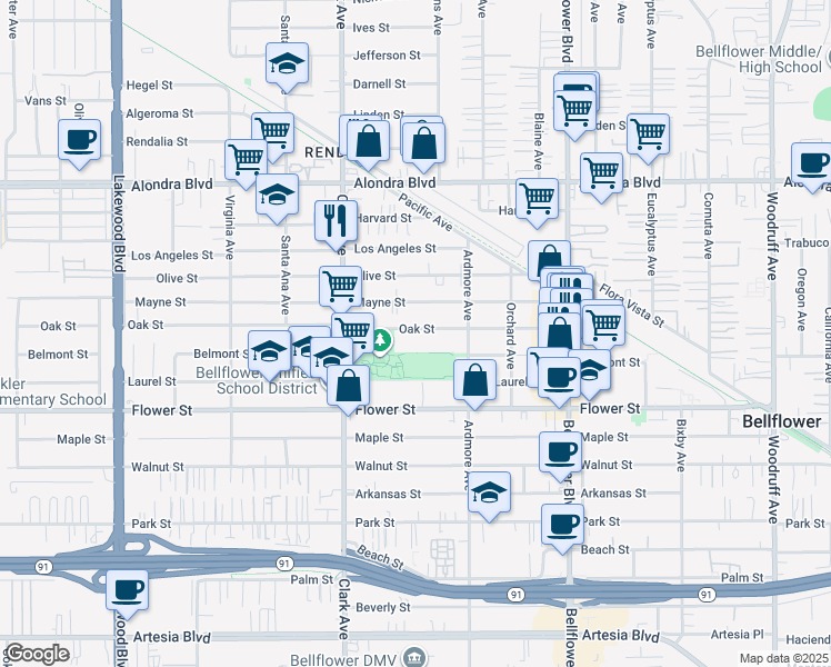 map of restaurants, bars, coffee shops, grocery stores, and more near 9519 Oak Street in Bellflower