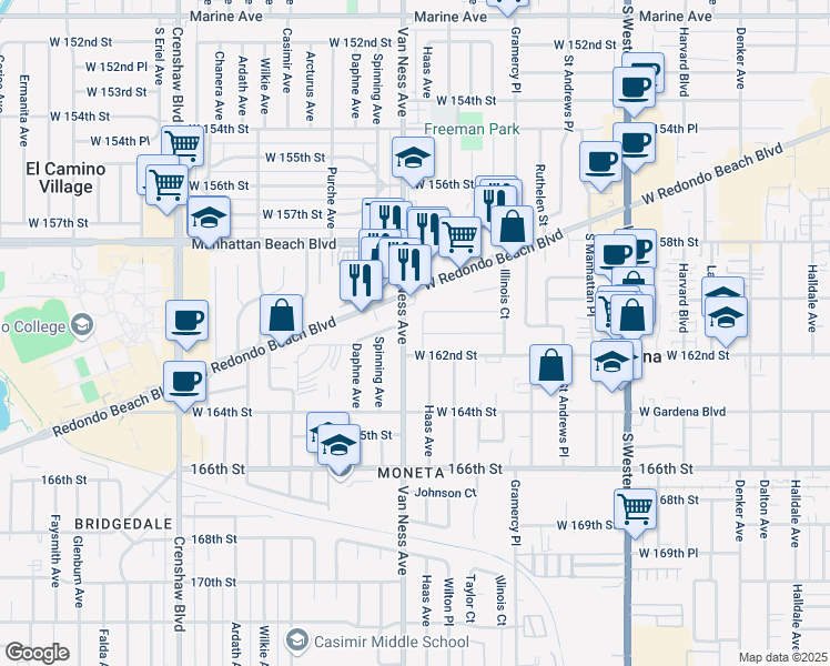 map of restaurants, bars, coffee shops, grocery stores, and more near 2136 West 160th Street in Torrance