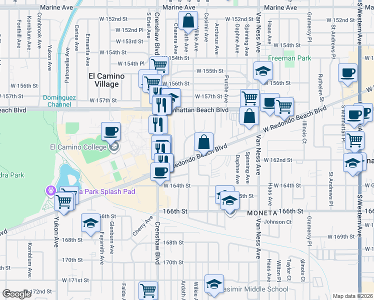 map of restaurants, bars, coffee shops, grocery stores, and more near 16011 Ardath Avenue in Gardena