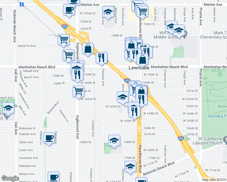 map of restaurants, bars, coffee shops, grocery stores, and more near 4534 West 160th Street in Lawndale