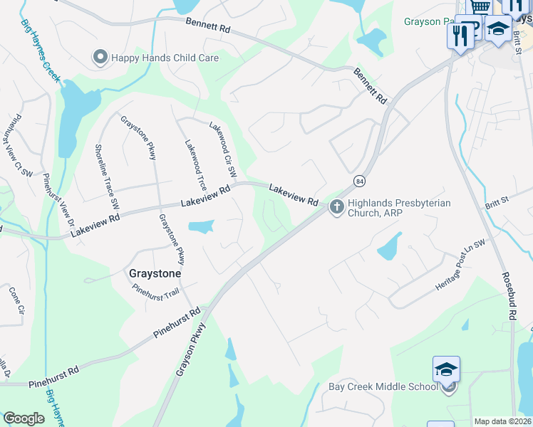 map of restaurants, bars, coffee shops, grocery stores, and more near 934 Lakeview Road in Grayson