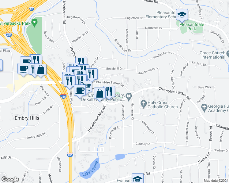 map of restaurants, bars, coffee shops, grocery stores, and more near 3557 Old Chamblee Tucker Road in Doraville