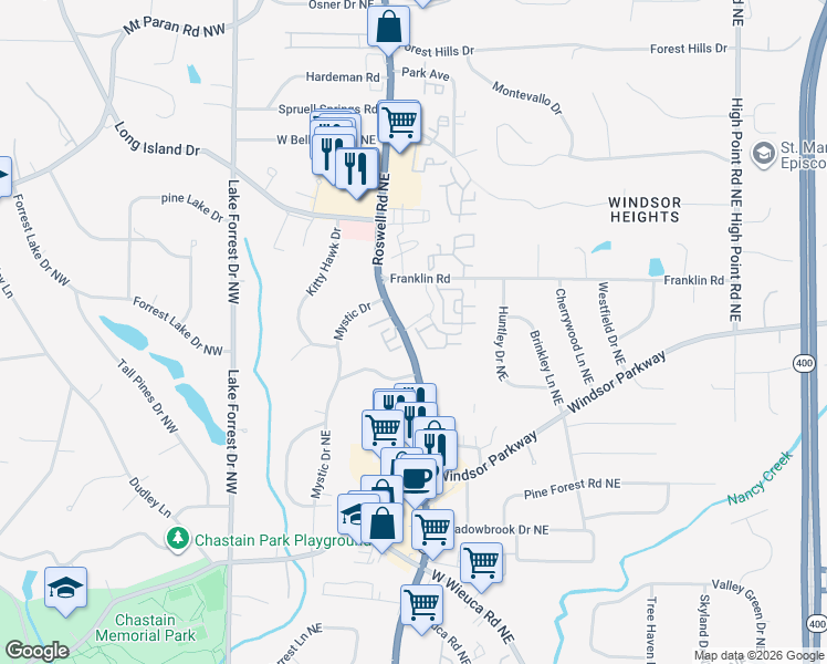 map of restaurants, bars, coffee shops, grocery stores, and more near in Sandy Springs