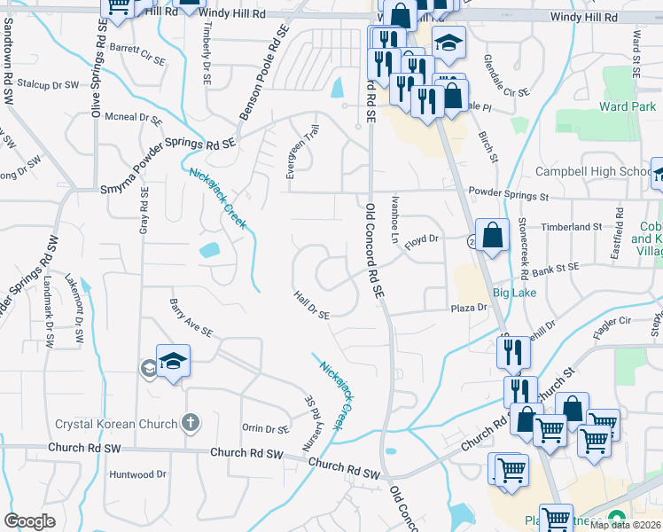map of restaurants, bars, coffee shops, grocery stores, and more near 2804 Hall Drive Southeast in Smyrna