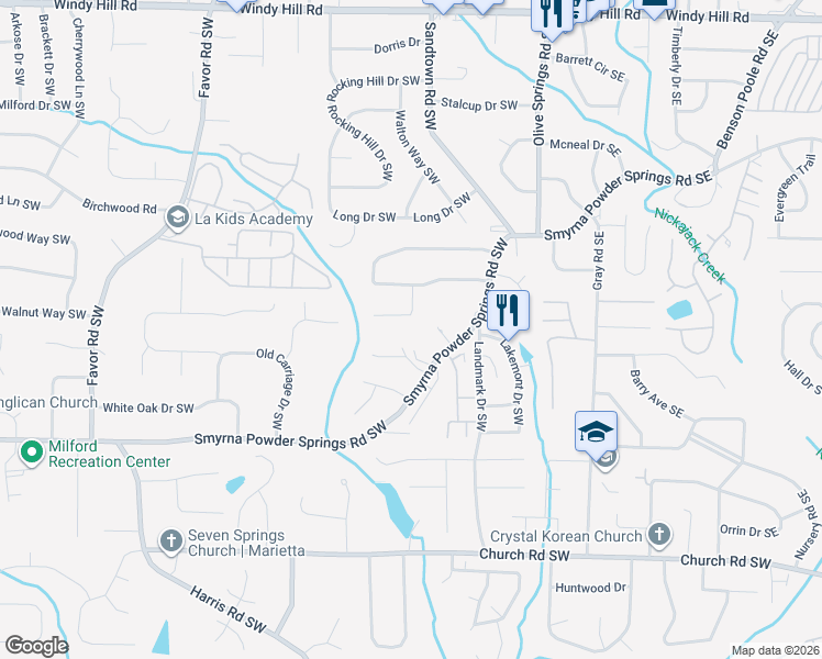 map of restaurants, bars, coffee shops, grocery stores, and more near 2769 Northwood Court in Marietta